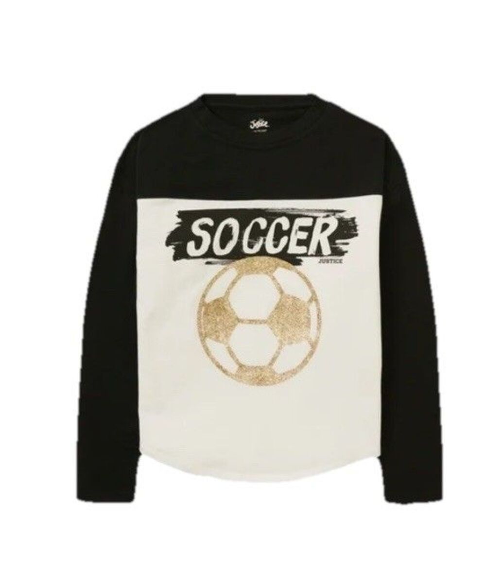 Justice Girl’s Long Sleeve Graphic Sports T-shirt Black White Size 12/14 NWT